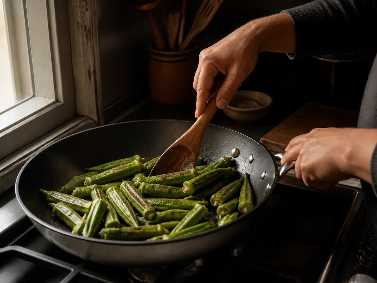 Hands turning dry-seared okra pieces in a wide frying pan