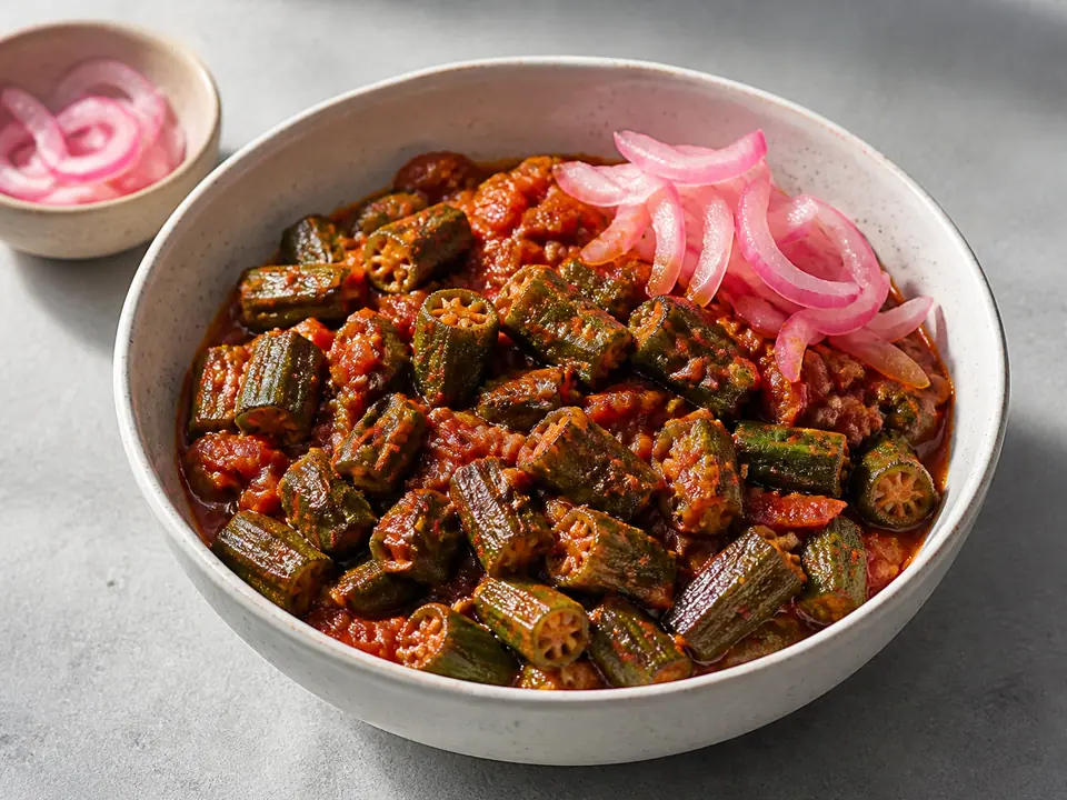 Okra tomato masala with quick pickled red onions