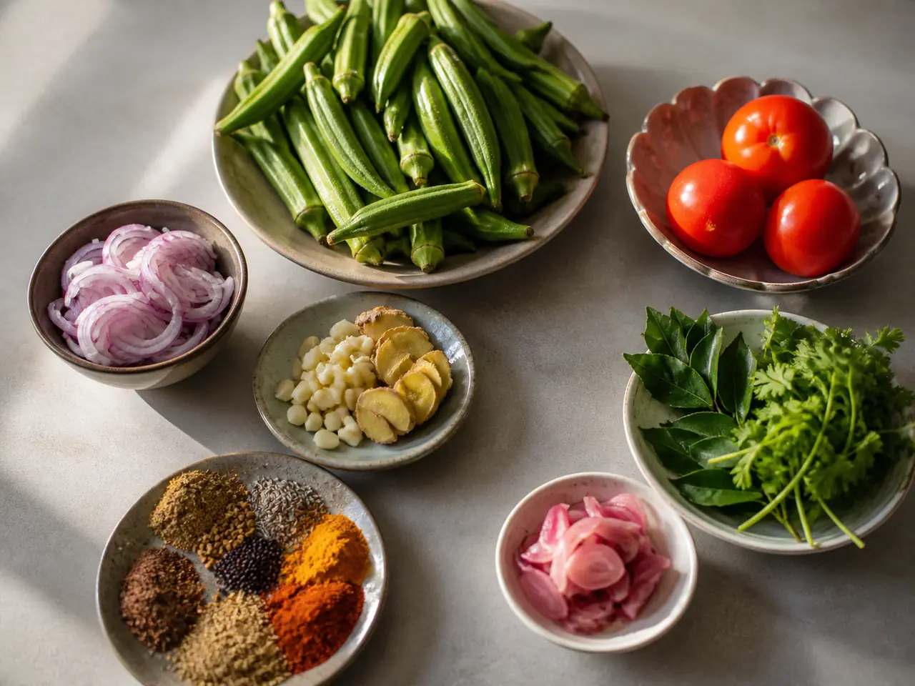 Okra tomatoes ginger spices and quick pickled red onions ready for cooking