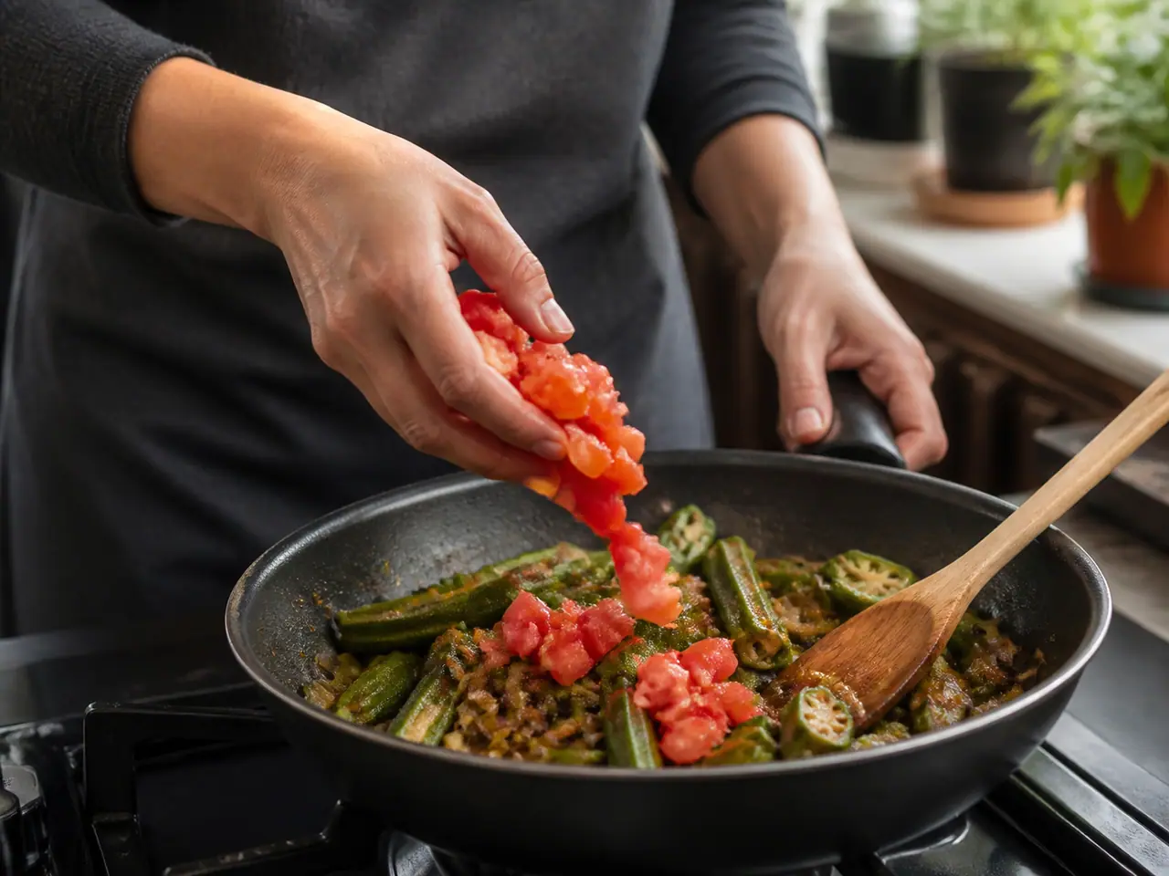 Hands turning dry-seared okra pieces in a wide frying pan