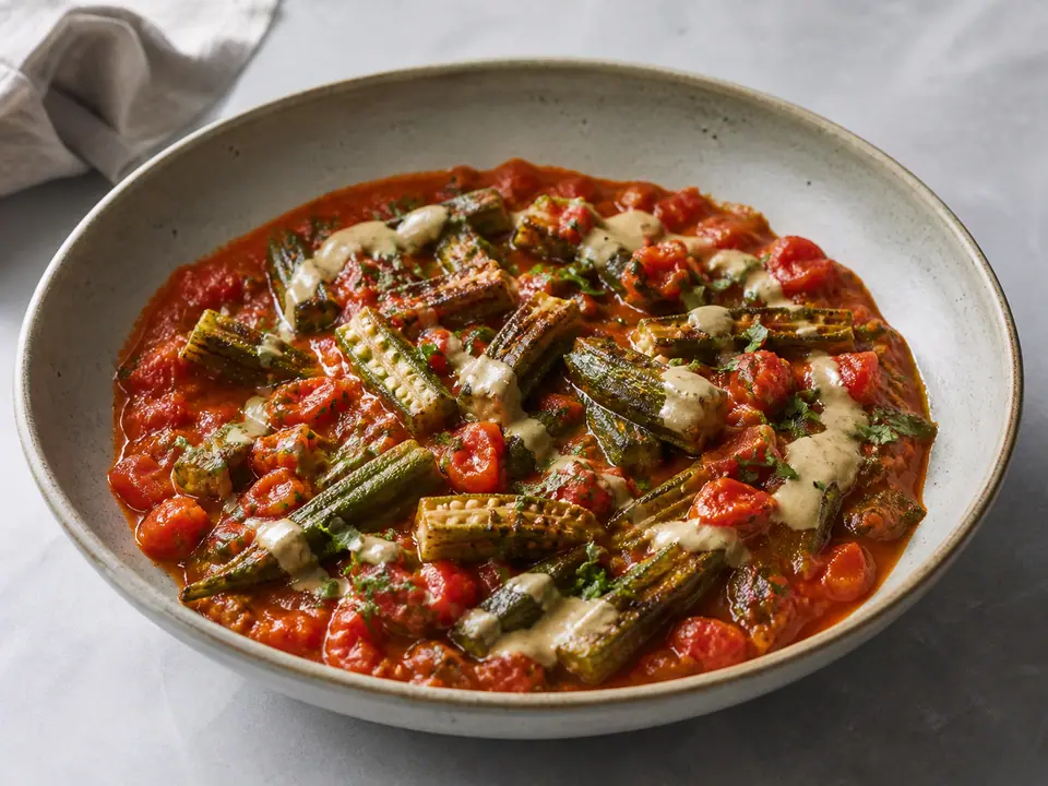 Okra tomato masala with lemon tahini