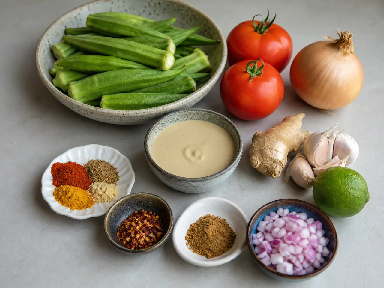 Okra tomatoes ginger spices and lemon tahini ready for cooking