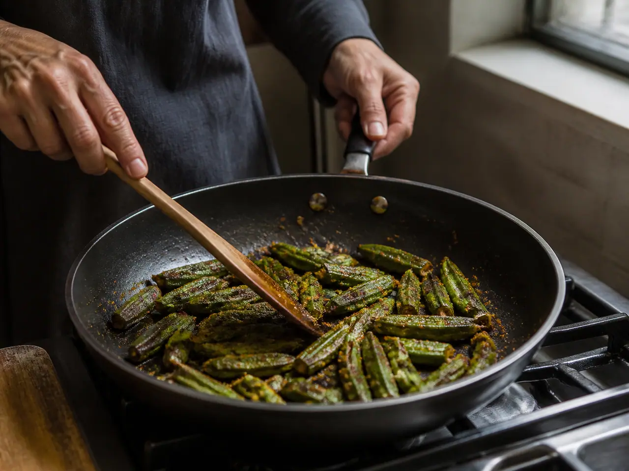 Hands turning dry-seared okra pieces in a wide frying pan