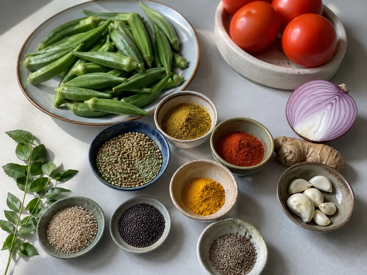 Okra tomatoes ginger spices and toasted sesame and pumpkin seeds ready for cooking
