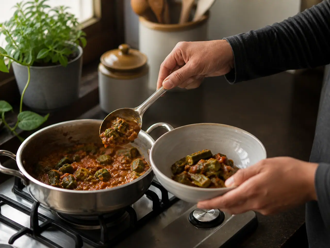 Hands turning dry-seared okra pieces in a wide frying pan