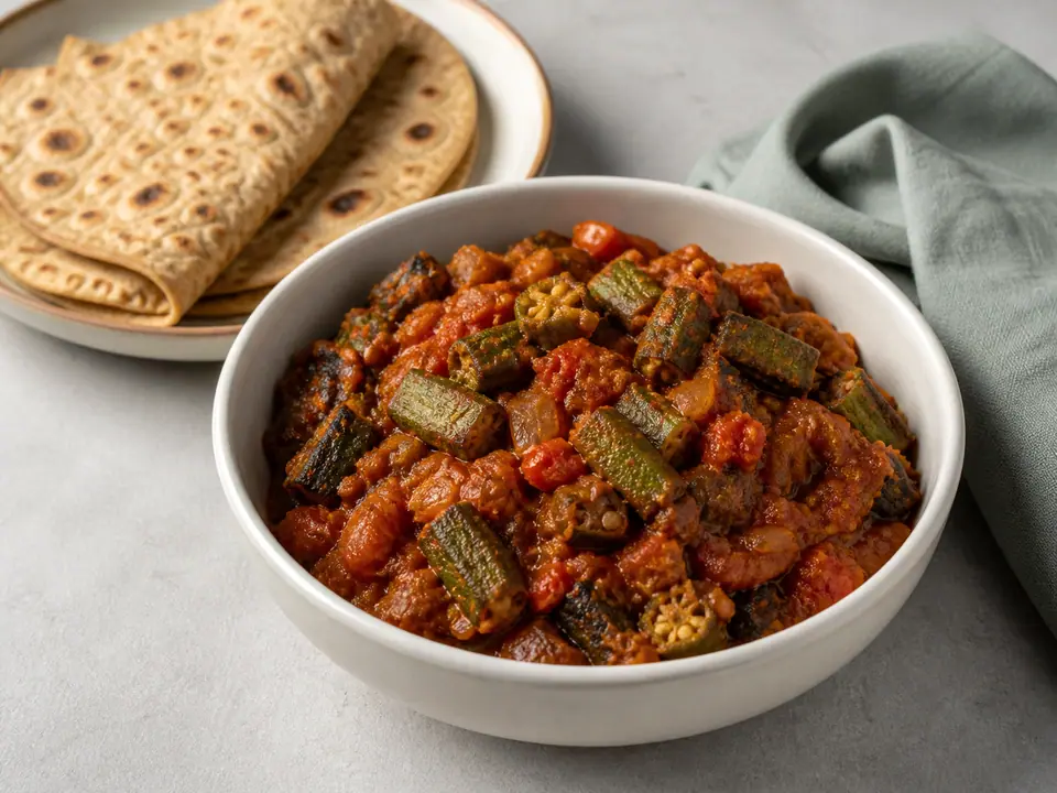 Okra tomato masala with warm garlic flatbread