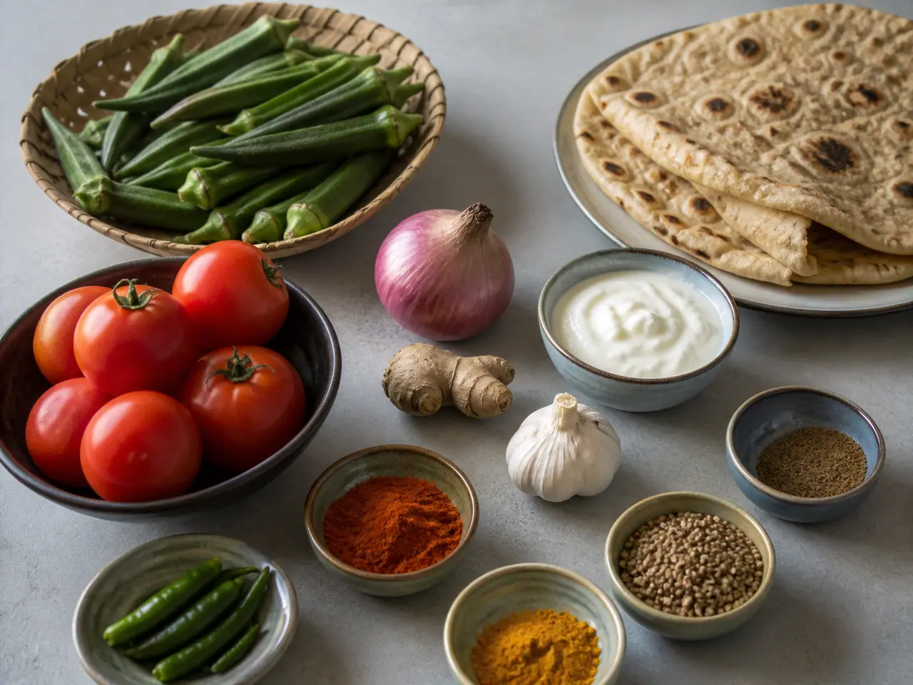 Okra tomatoes ginger spices and warm garlic flatbread ready for cooking