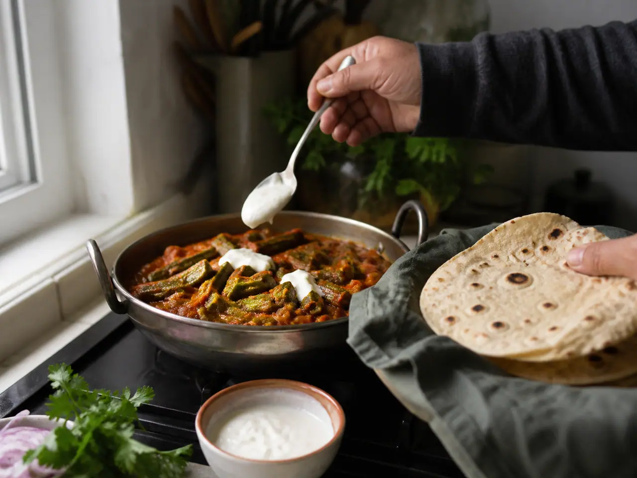 Hands turning dry-seared okra pieces in a wide frying pan