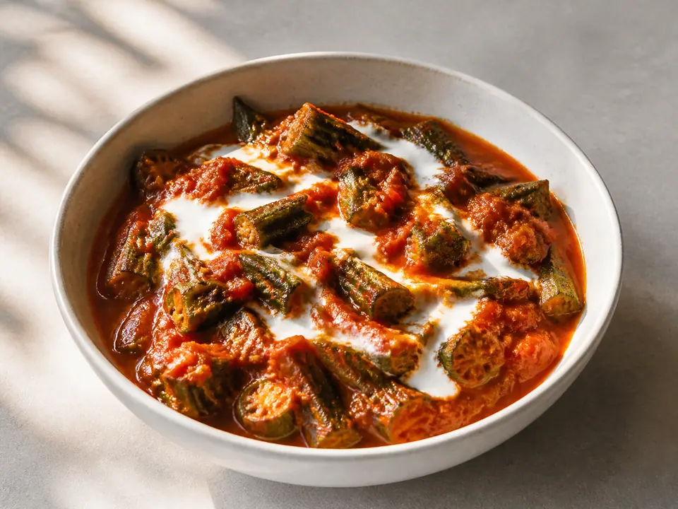 Okra tomato masala with cool spiced yogurt