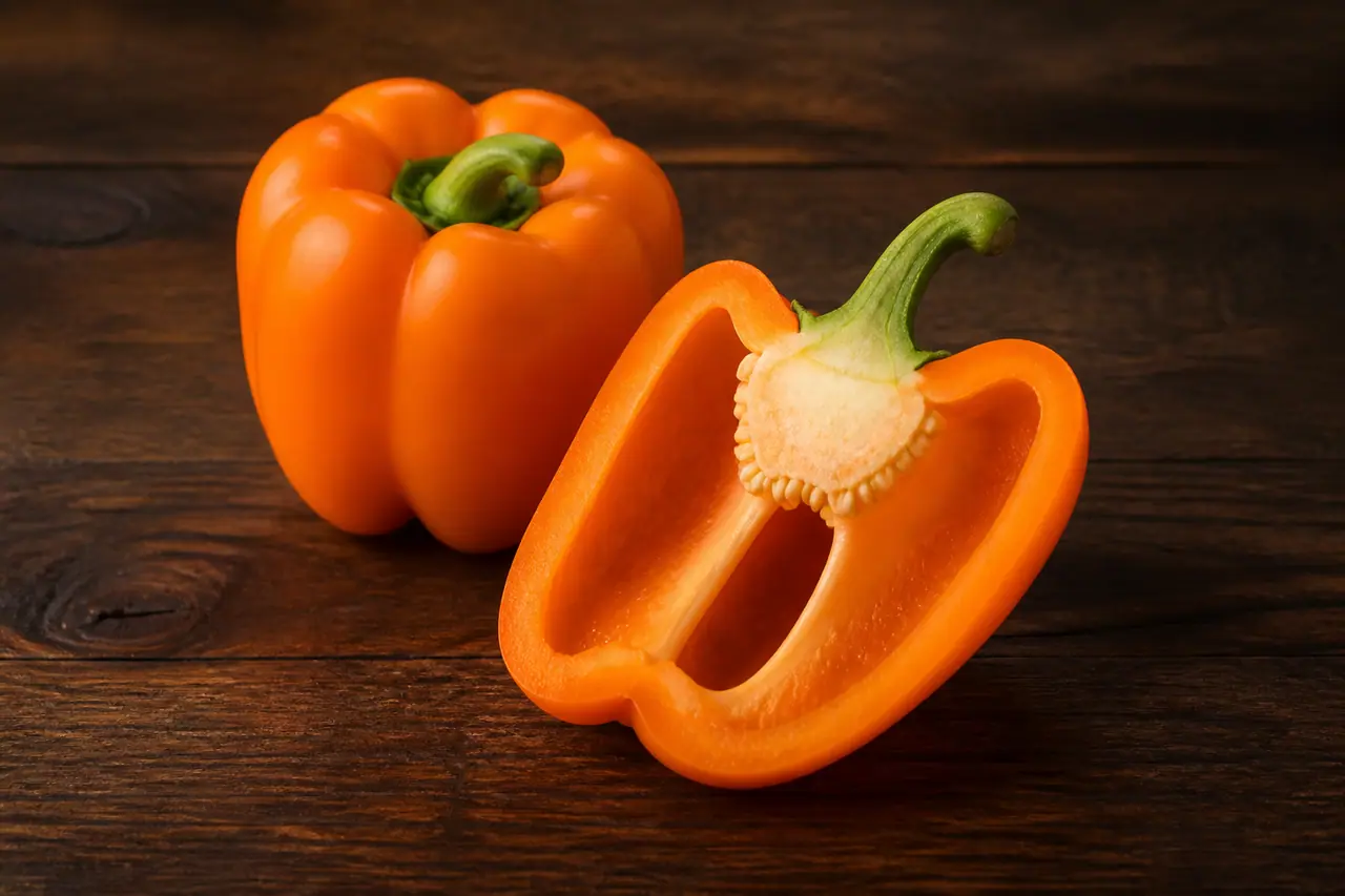Orange bell peppers with one cut lengthwise to show crisp flesh