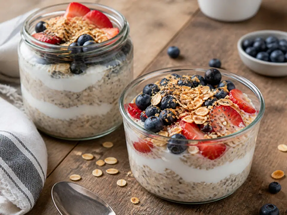 Creamy overnight oats with yogurt berries and seeds in a glass jar