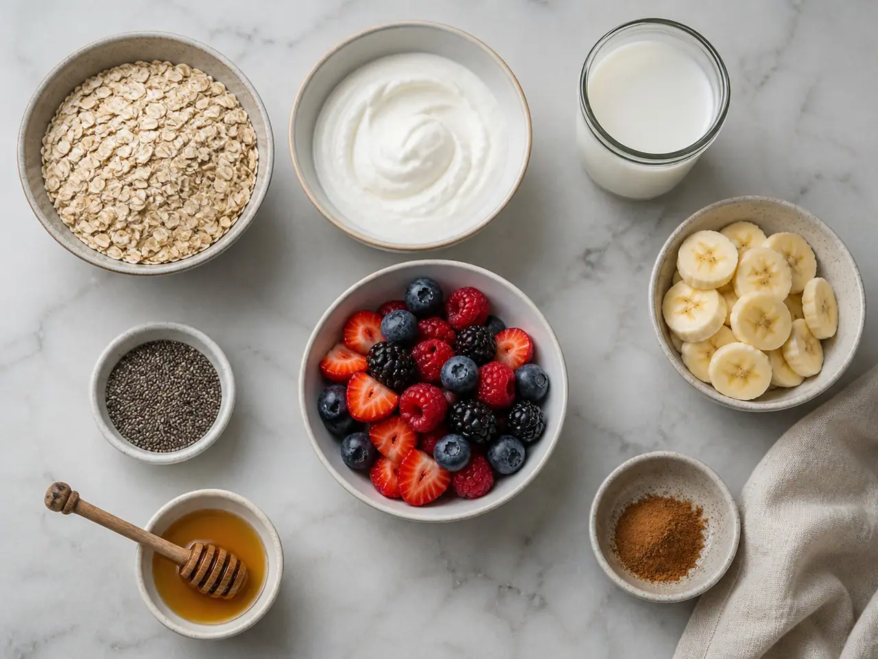 Rolled oats, Greek yogurt, milk, chia seeds, honey and salt in small bowls