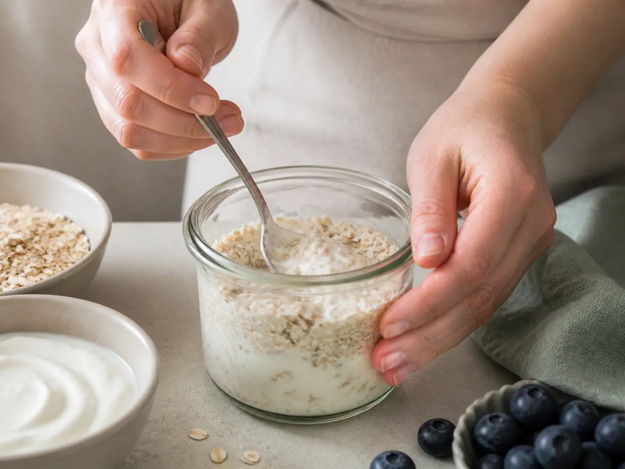 Oats, yogurt, milk and chia seeds being stirred together in a jar