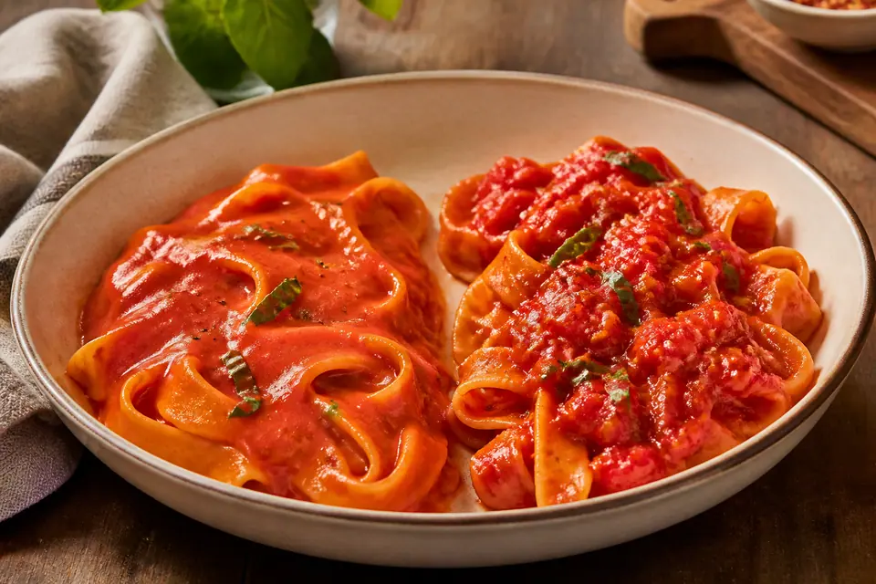 Smooth tomato sauces coating pasta in two ceramic dishes