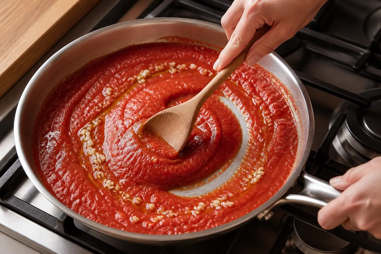Hands stirring smooth passata in a wide frying pan