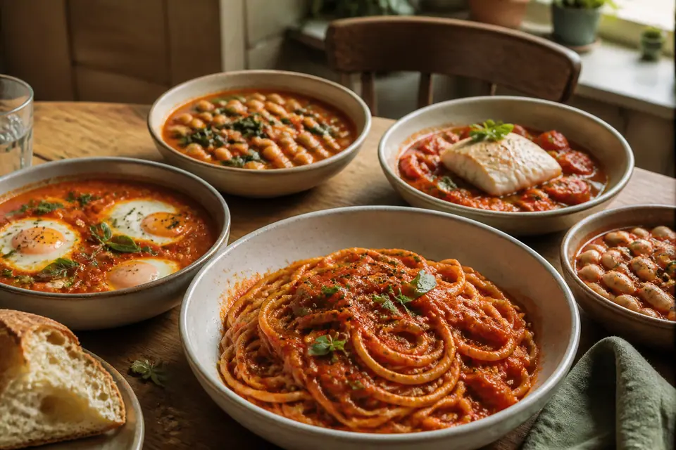 Five easy passata dinners arranged on a kitchen table