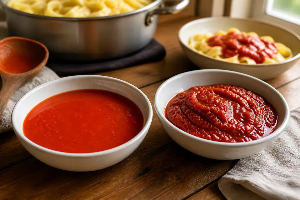 Thin and reduced tomato sauces beside pasta