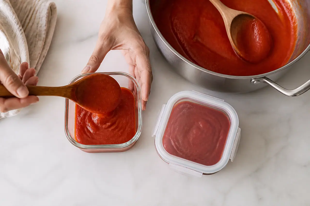 Hands portioning smooth passata into glass containers