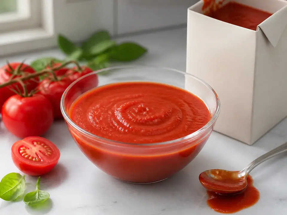 Smooth passata in a bowl beside a spoon and carton