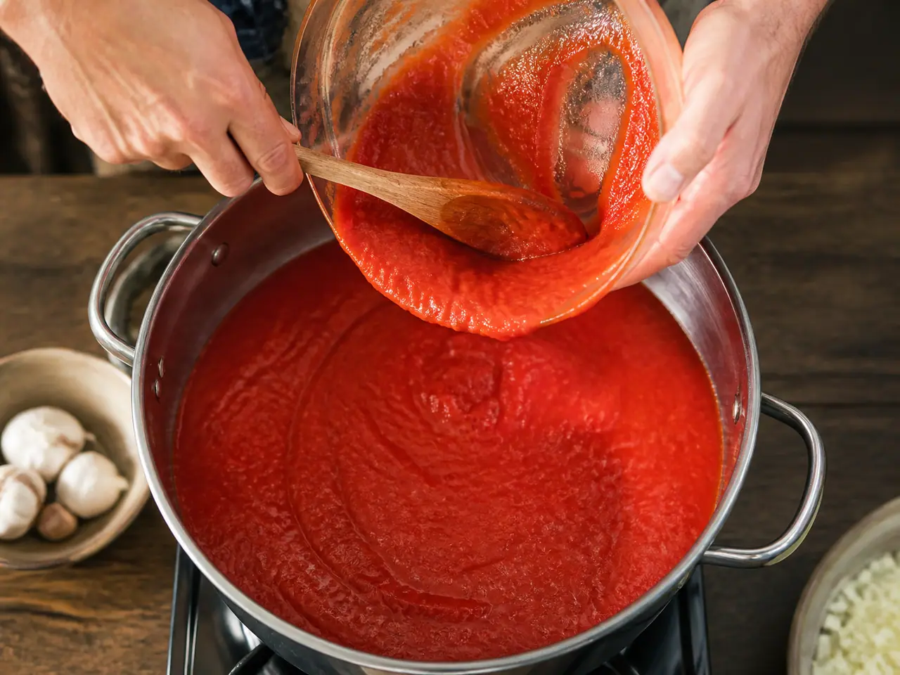 Hands pouring passata into a wide saucepan with wooden spoon
