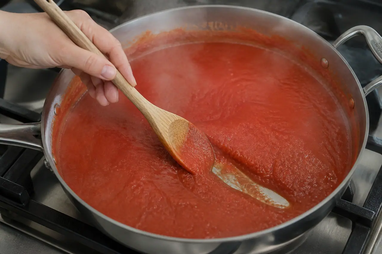 Hand dragging a spoon through smooth simmering passata