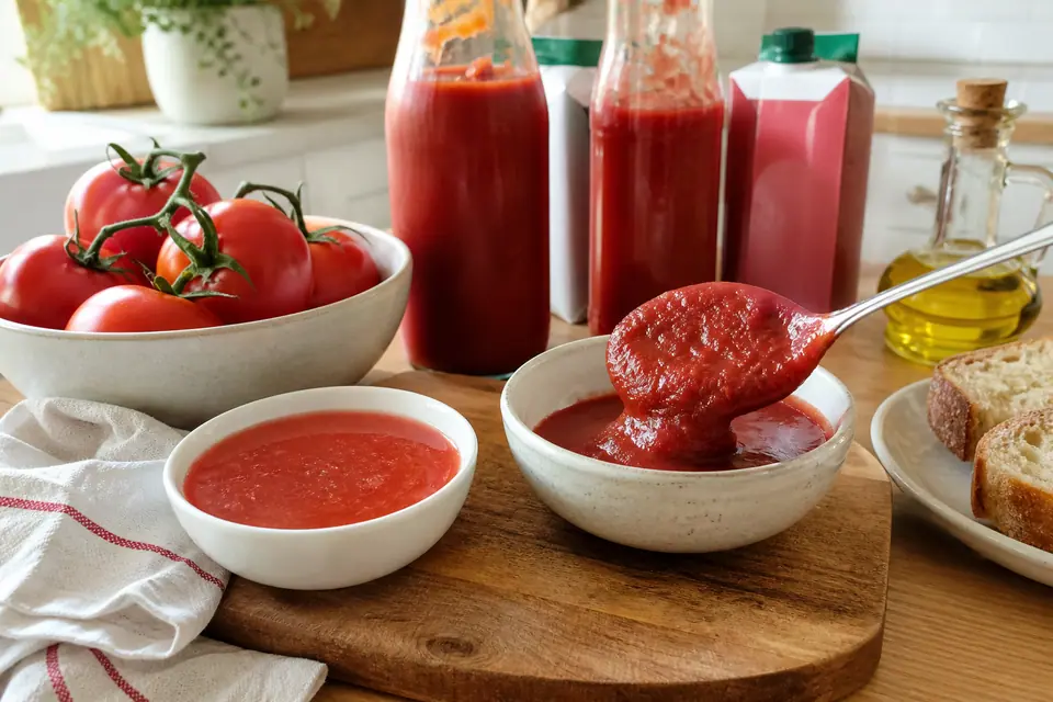 Thick and thin passata sauces beside unbranded cartons