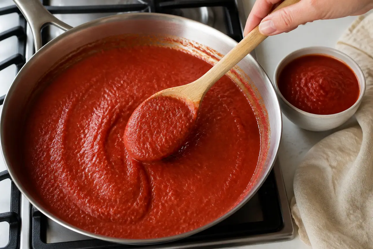Hand testing passata thickness with a wooden spoon