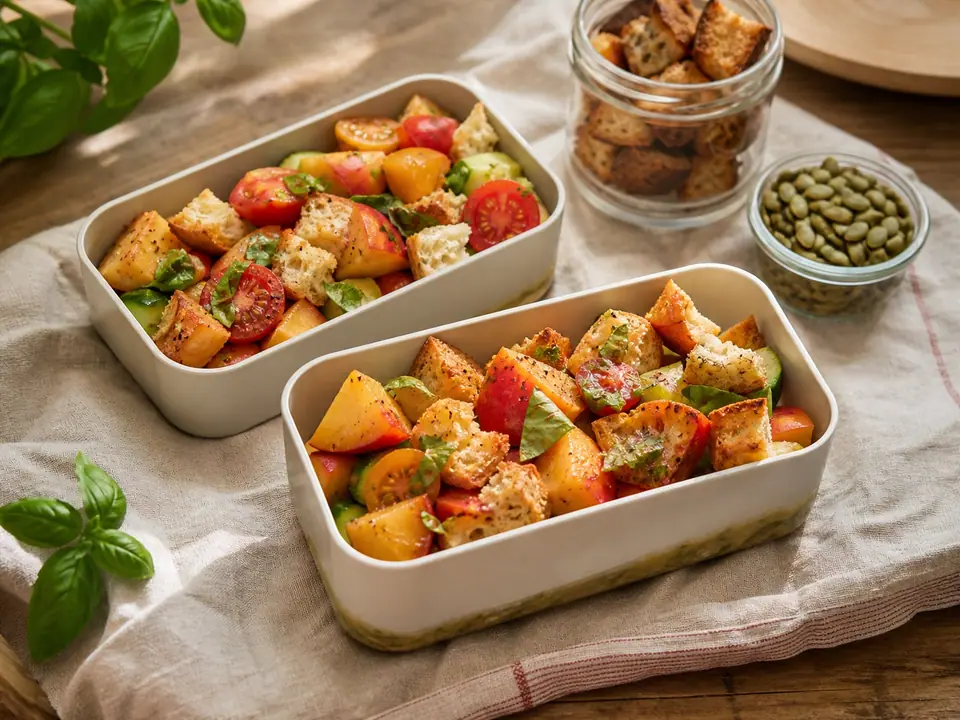 Packed peach and tomato panzanella with crisp bread and herbs
