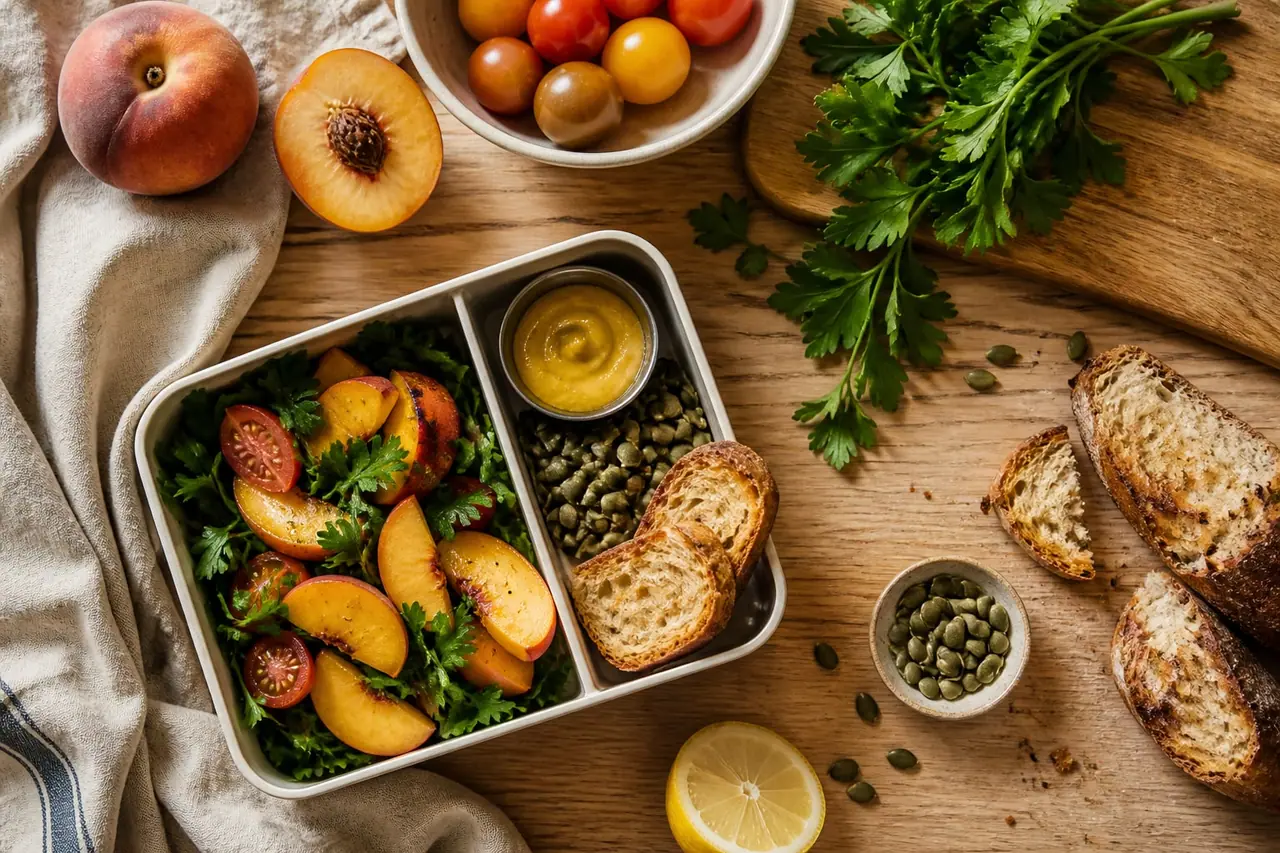 Wide lunch boxes with peaches tomatoes bread pumpkin seeds lemon and parsley