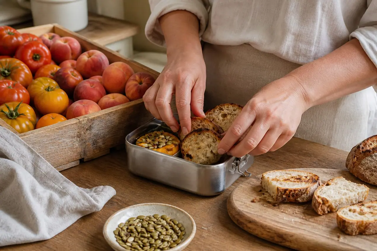 Hands packing toasted bread and pumpkin seeds into a small lunch container