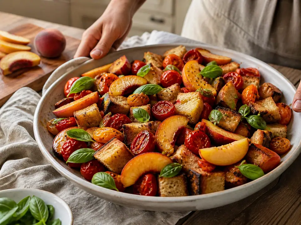 Freezer panzanella base of roasted tomatoes and bread finished with fresh peaches