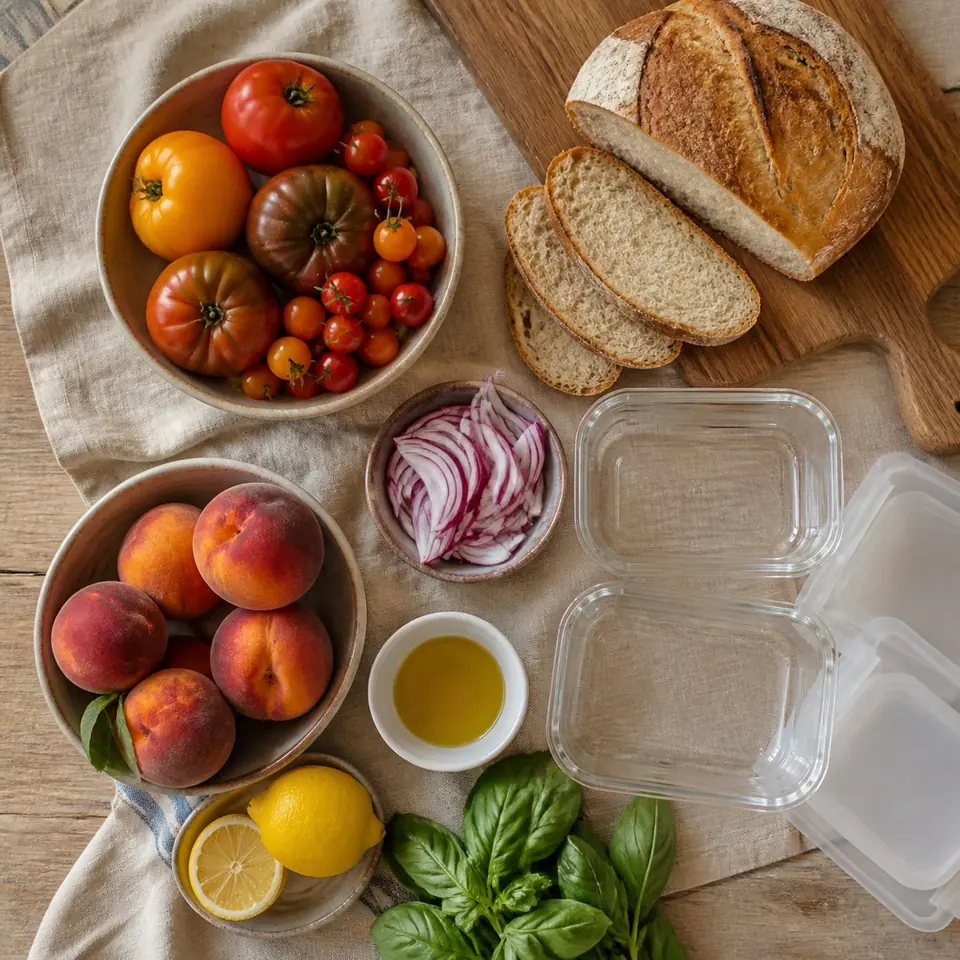 Tomatoes bread peaches onion lemon and herbs laid out for freezer panzanella