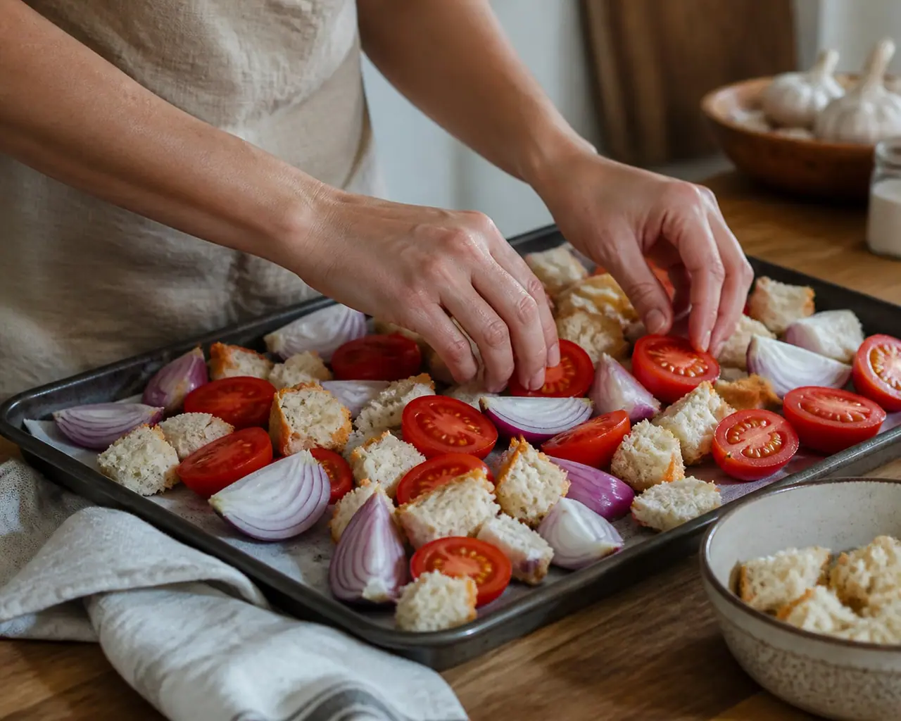 Hands arranging halved tomatoes red onion and torn bread on a roasting tray