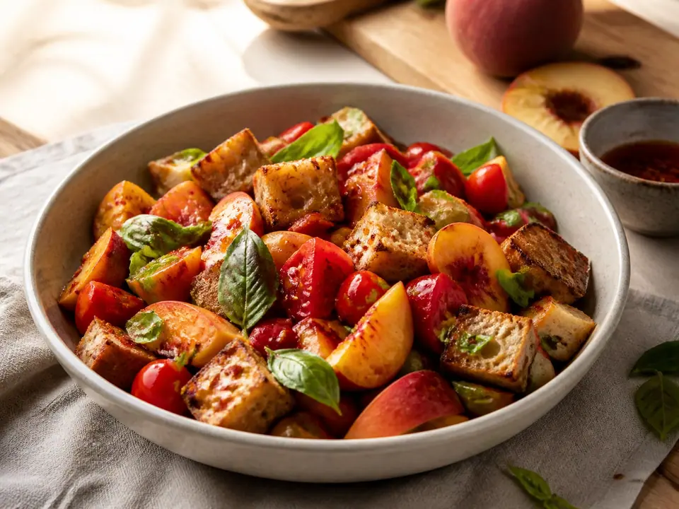 Peach and tomato panzanella drizzled with red chilli oil