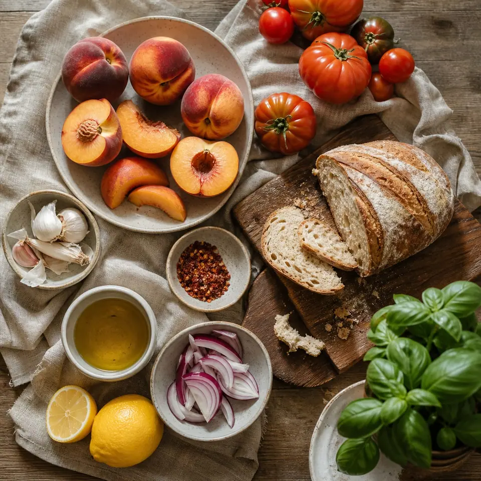 Peaches tomatoes bread garlic chilli flakes lemon and basil for panzanella