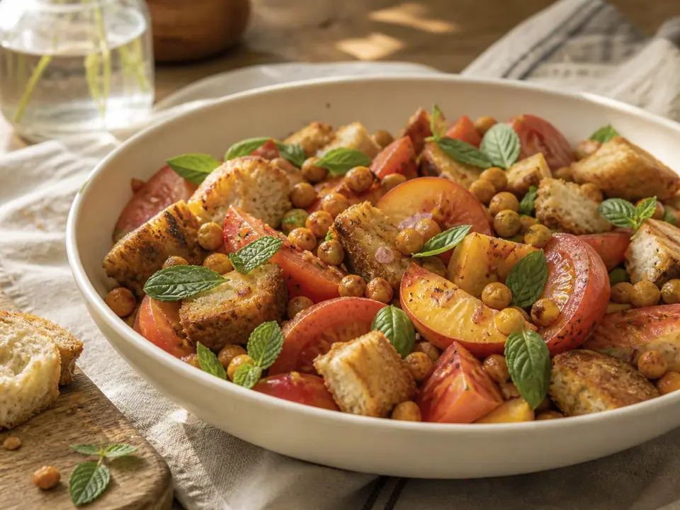 Peach and tomato panzanella topped with crisp roasted chickpeas