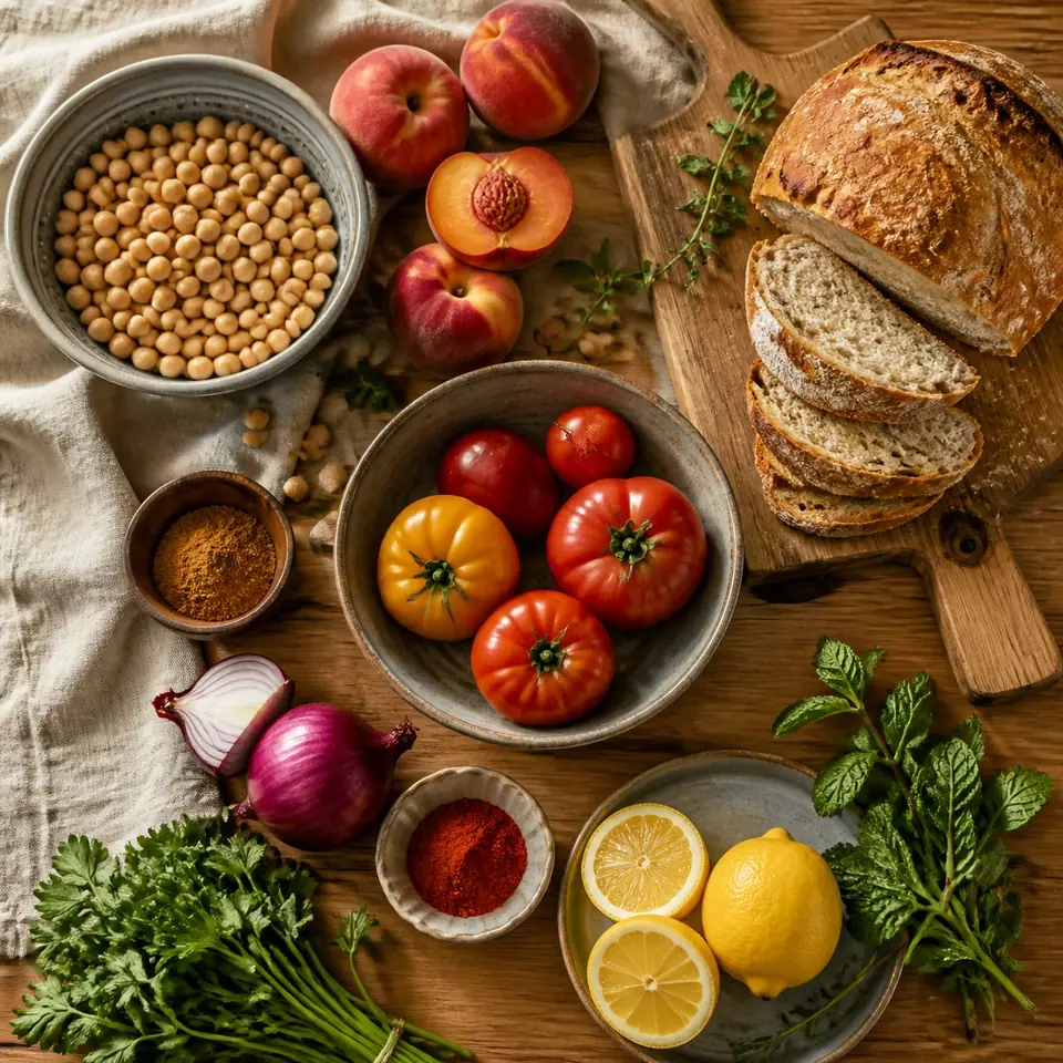 Chickpeas bread peaches tomatoes cumin paprika lemon and herbs ready for panzanella