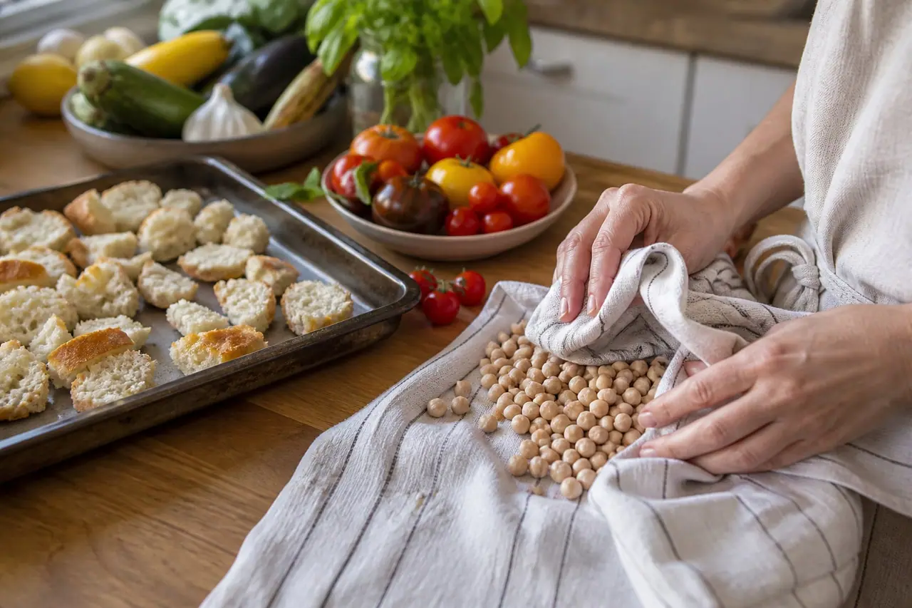 Hands drying chickpeas on a tea towel beside torn bread and summer fruit