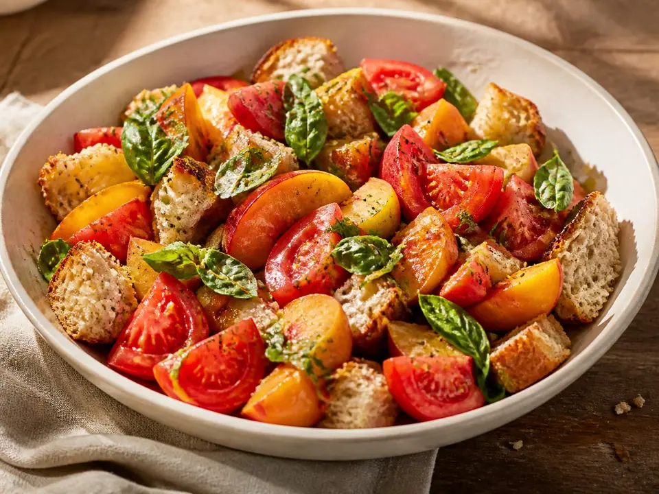 Peach and tomato panzanella with crisp bread lemon and fresh herbs