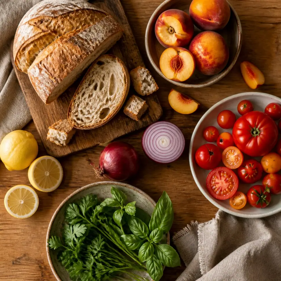 Bread peaches tomatoes red onion lemon basil and parsley for panzanella