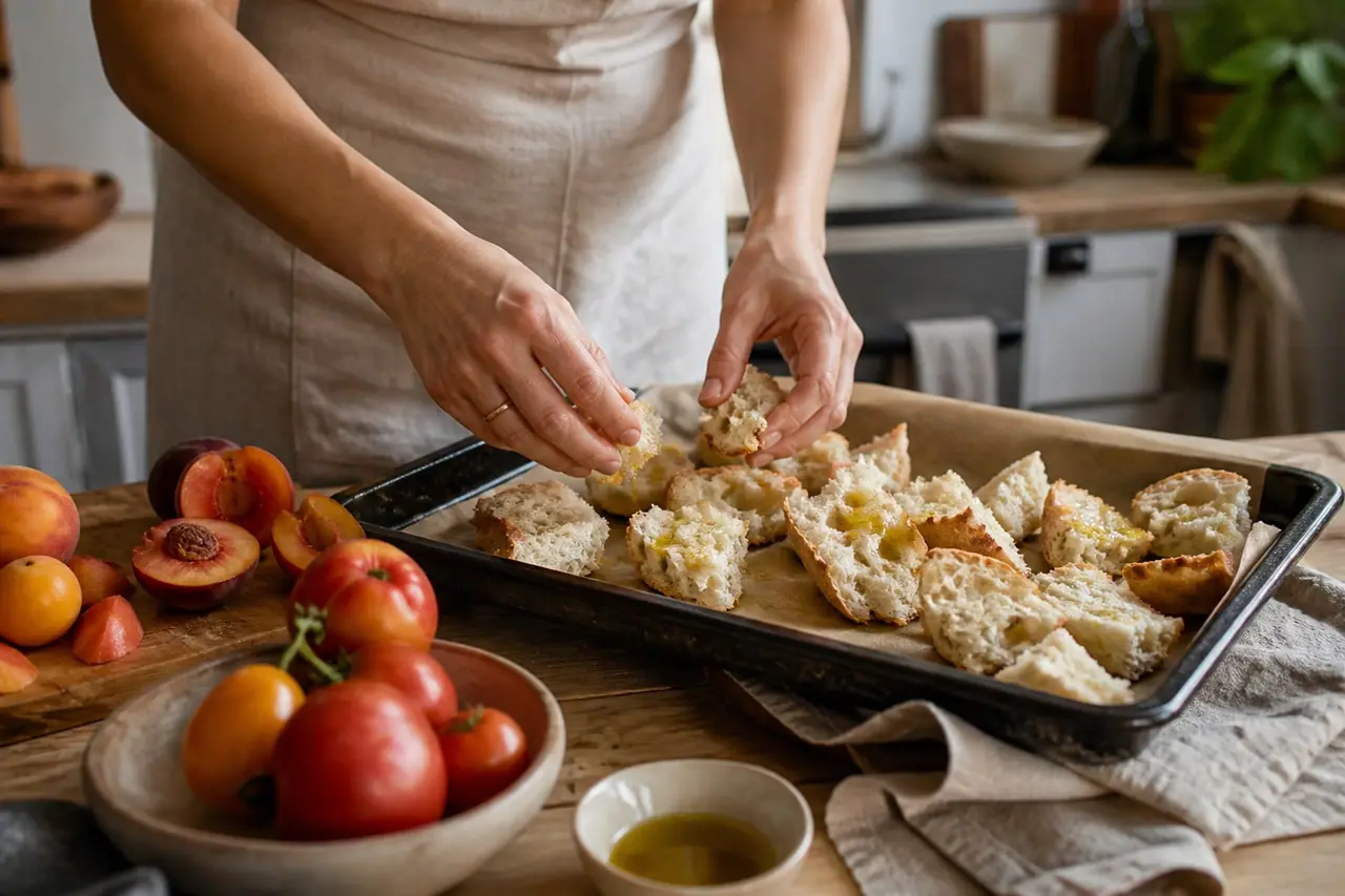 Hands tossing torn bread with olive oil on a baking tray beside peaches and tomatoes