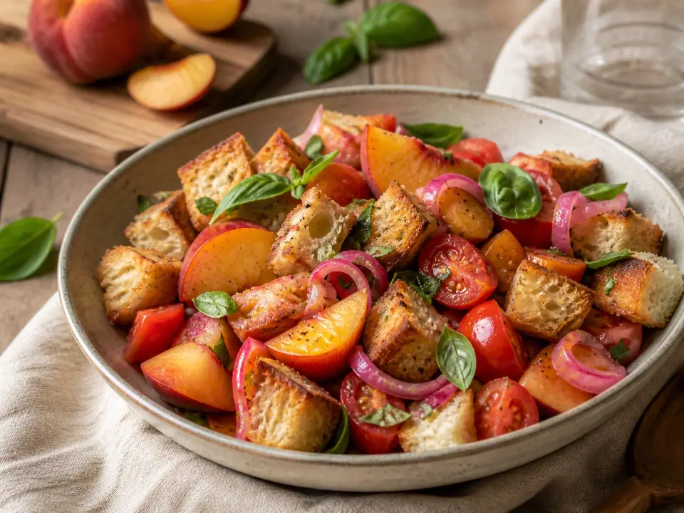 Peach and tomato panzanella with pink pickled onions and crisp bread