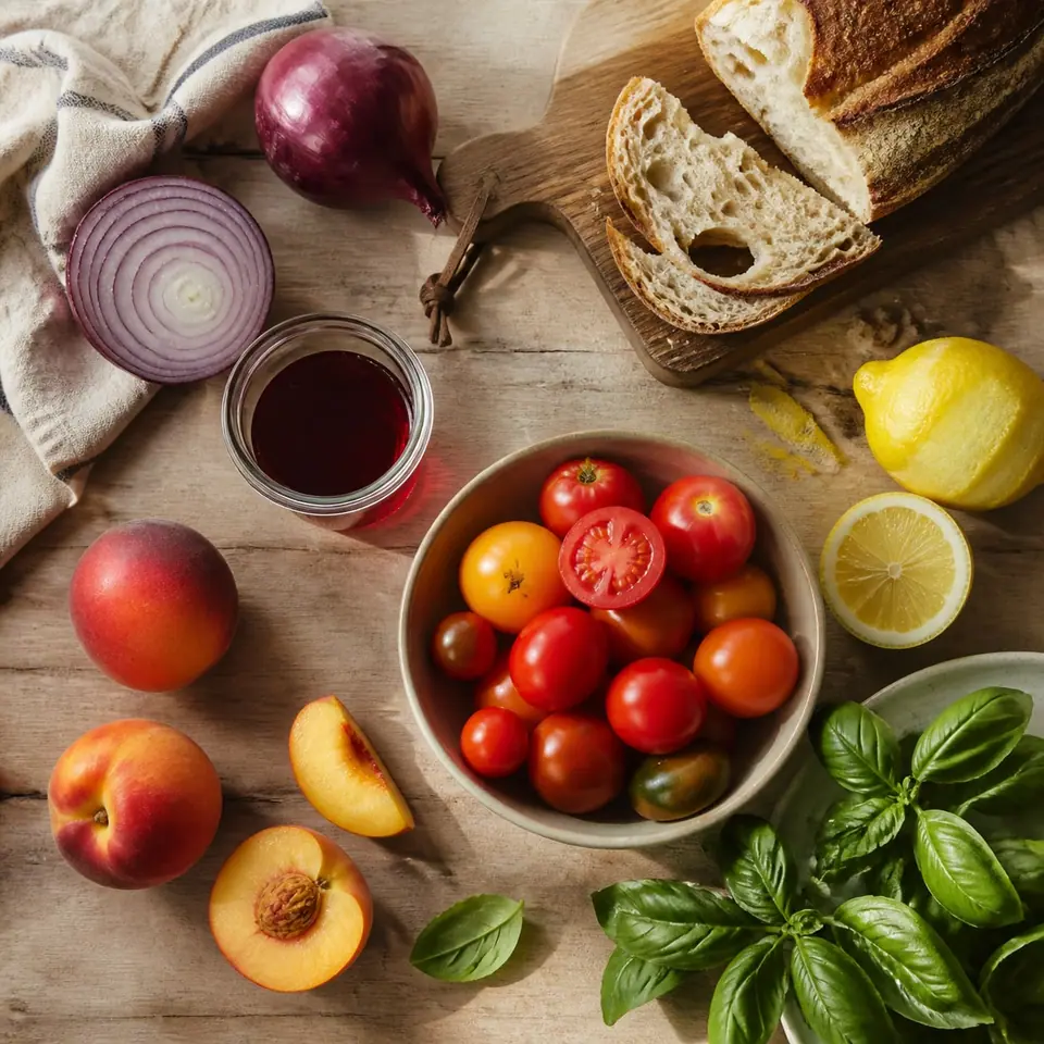 Red onion vinegar bread peaches tomatoes lemon and basil ready for panzanella