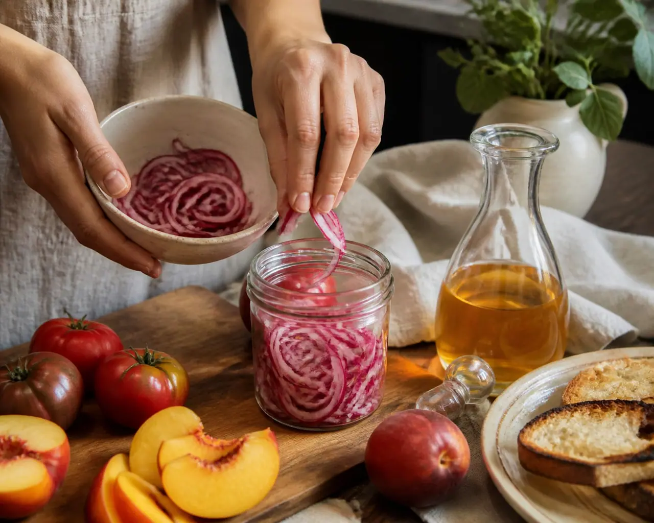 Hands packing thin red onion slices into a small jar with vinegar
