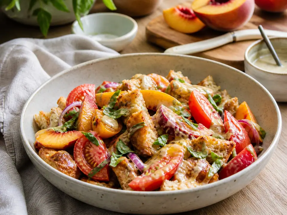Peach and tomato panzanella with pale tahini dressing and herbs