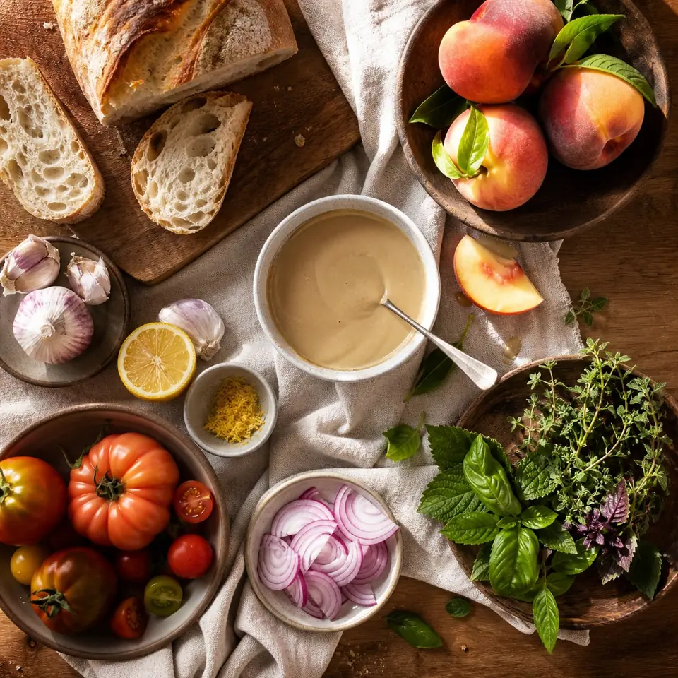 Tahini lemon garlic bread peaches tomatoes onion and herbs for panzanella