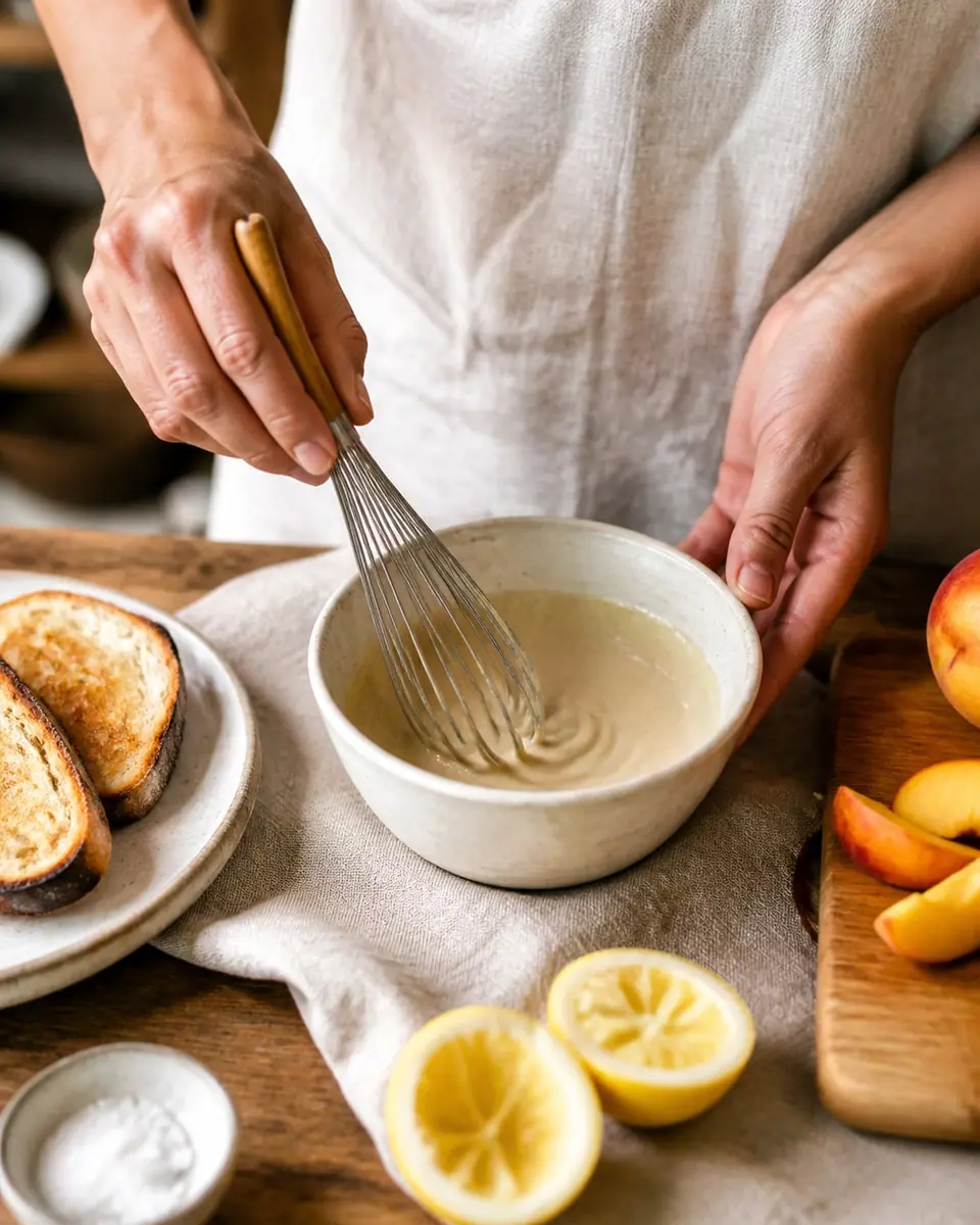 Hands whisking tahini lemon and water into a smooth dressing beside toasted bread