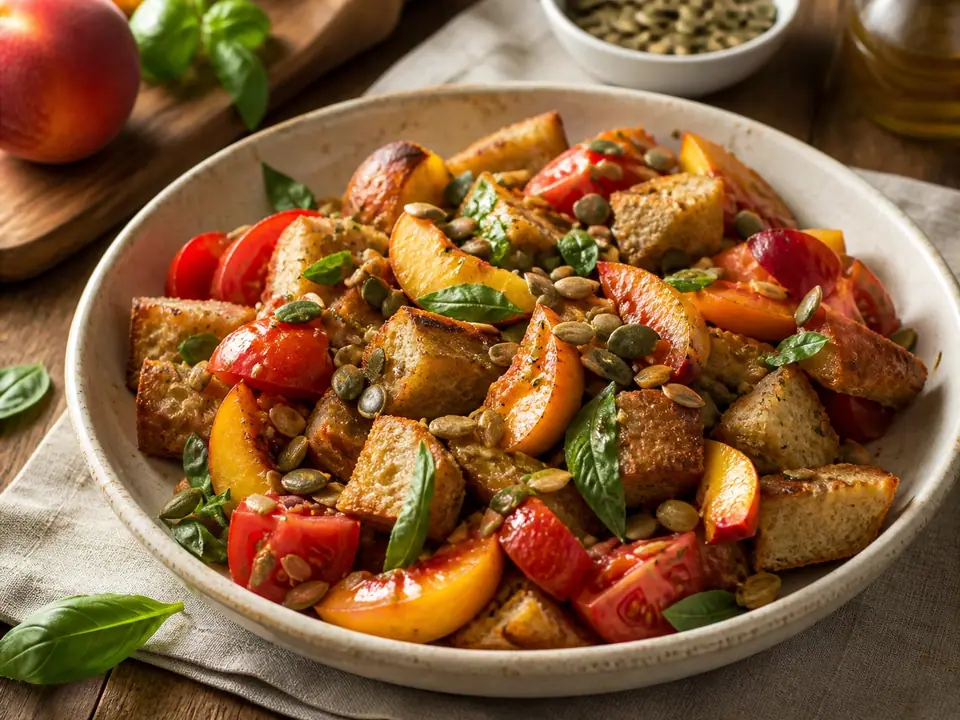 Peach and tomato panzanella scattered with toasted pumpkin and sunflower seeds