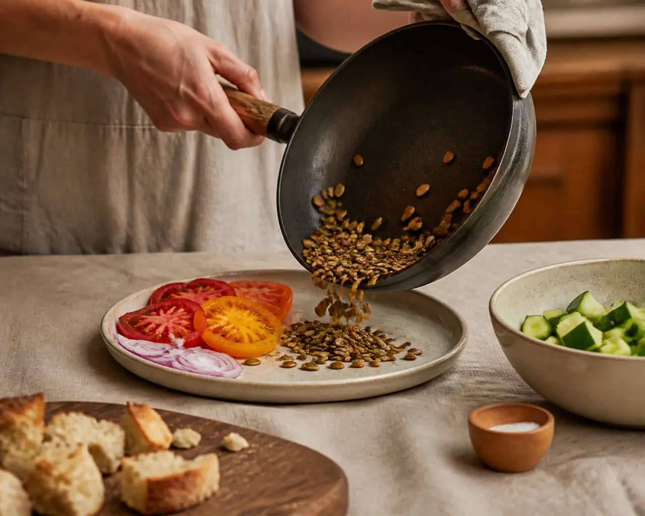 Hands tipping toasted pumpkin and sunflower seeds onto a plate beside panzanella ingredients