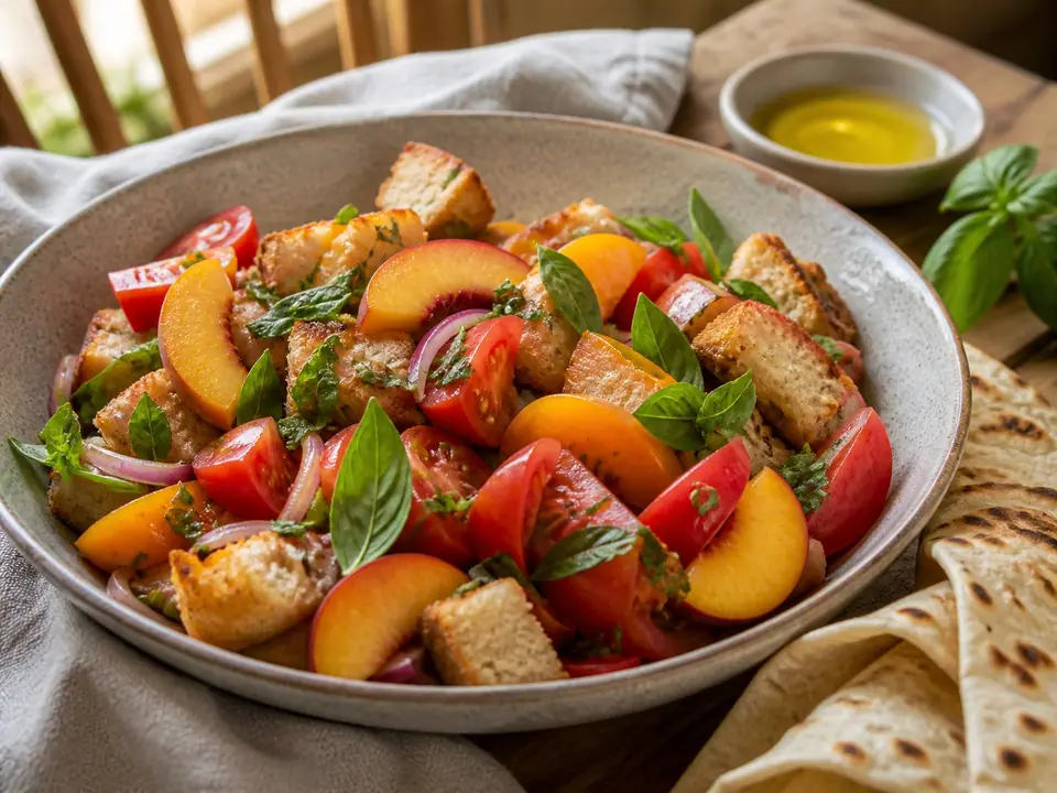 Peach and tomato panzanella served with warm flatbread